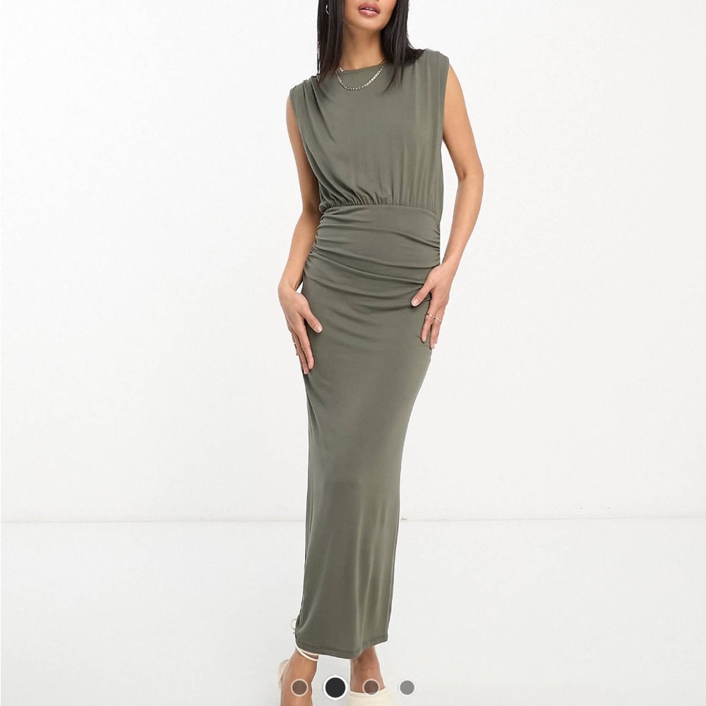 ASOS Design high neck sleeveless midi dress with bodycon skirt in dark khaki